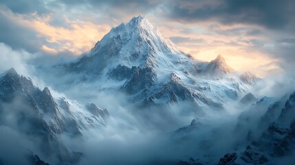 Obraz premium A snowy mountain peak rises into the sunset sky, shrouded in soft, glowing clouds.