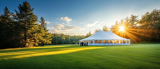 Large white wedding tent on lush green lawn, guests entering through open flaps, sun shining brightly