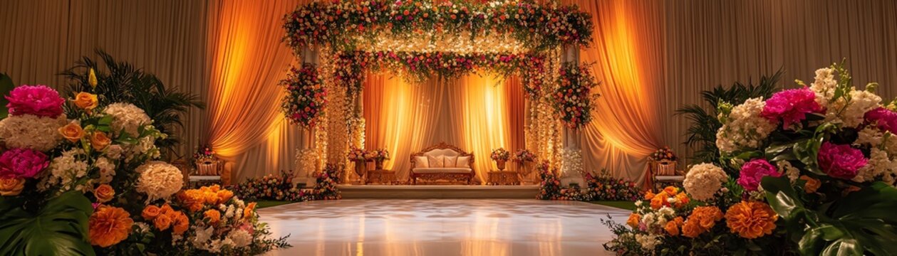 Ornate wedding mandap adorned with vibrant flowers and soft drapery glowing under warm ambient light