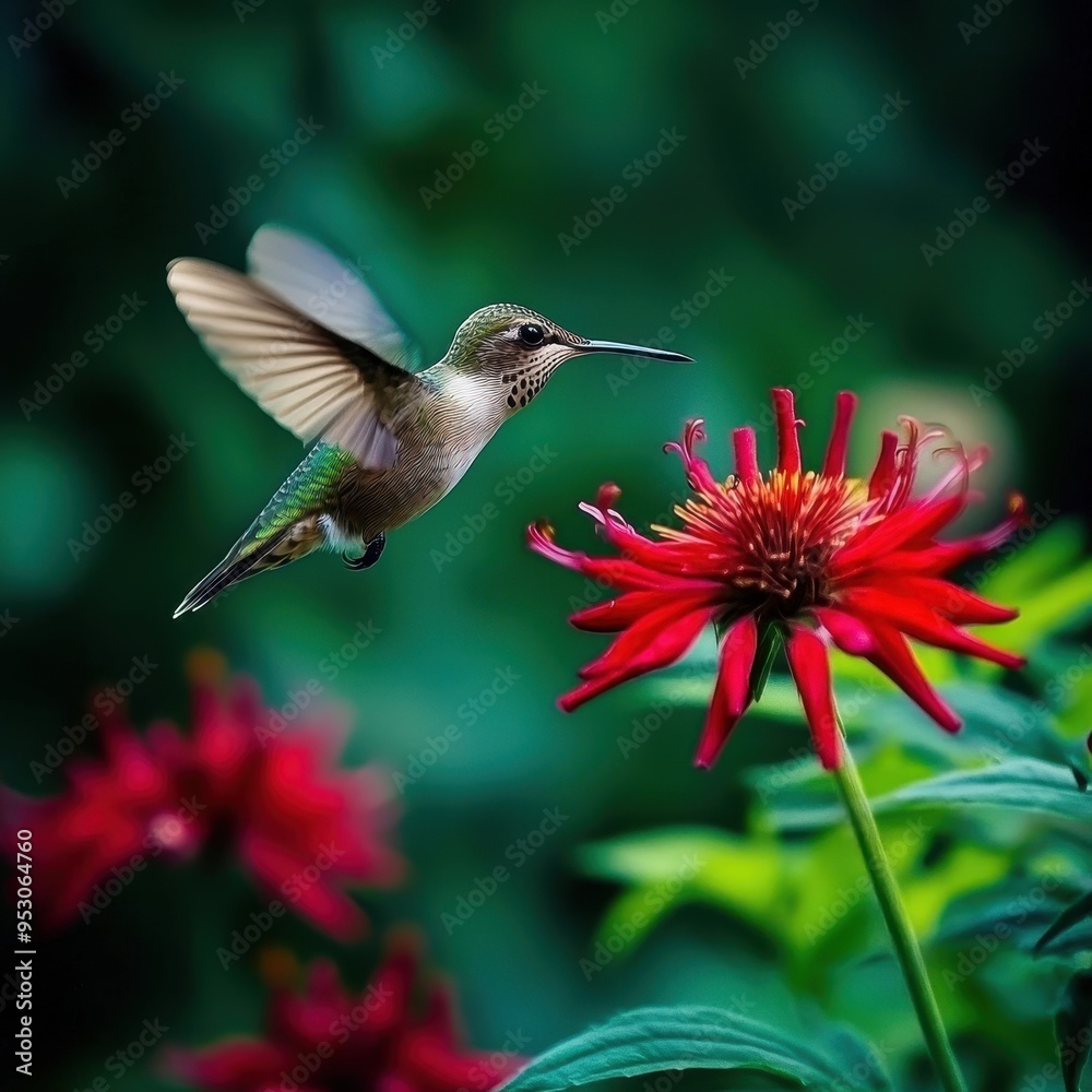 Canvas Prints hummingbird in flight with red flower