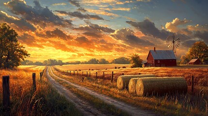 The rural landscape glows at sunset, with barns, windmills, and hay bales creating a serene scene.