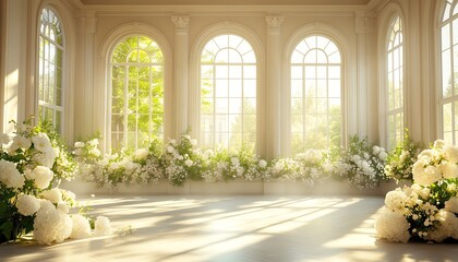 Sunlit room with grand windows and white floral arrangements