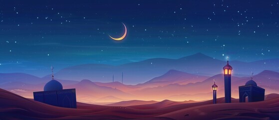 Naklejka premium Night sky with Crescent Moon Over Desert Landscape, Islamic Architecture