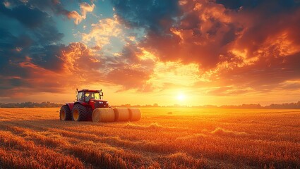 Fototapeta premium Tractor harvesting hay bales on a golden field under dramatic skies