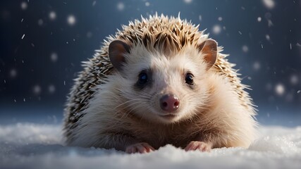 Obraz premium A cute hedgehog amidst a cold scene with snowflakes falling.