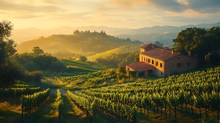 Naklejka premium Sunset casts a golden glow over an Italian vineyard, with a stone farmhouse nestled among the vines.