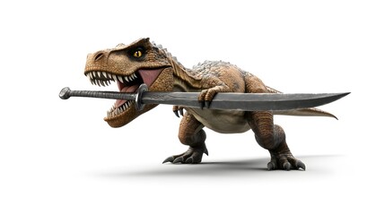 Fototapeta premium Tyrannosaurus Rex Dinosaur Holding a Sword in its Mouth