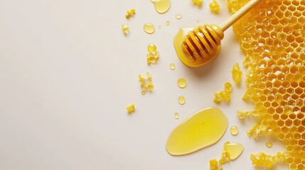 A close-up of honeycomb with honey drizzled and spilled, showcasing natural sweetness.