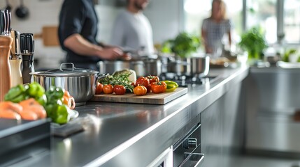 Naklejka premium A modern kitchen with stainless steel countertops and customers cooking together