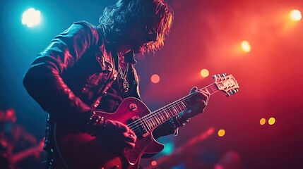 Obraz premium Electric Guitarist in Intense Stage Performance.