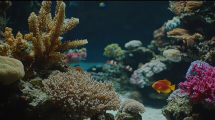 Naklejka premium Vibrant Orange Fish Swimming Among Coral Reefs in Aquarium