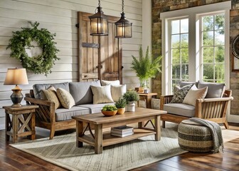 Obraz premium Rustic farmhouse porch furniture country style reclaimed wood outdoor seating set cozy gathering spot wooden slats