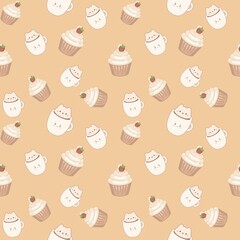 seamless pattern with coffee cups and cupcakes 