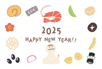 巳年のシンプルでかわいい年賀状＿おせちとへびのフレーム