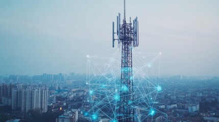 A telecommunications tower with network connections over a city landscape.
