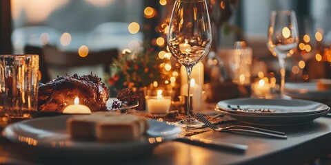 Obraz premium Festive Table Setting with Candles Wine Glass and Plates
