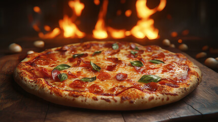 A pizza with pepperoni and basil on top sits on a wooden cutting board. The pizza is placed in front of a fire, giving it a warm and inviting atmosphere