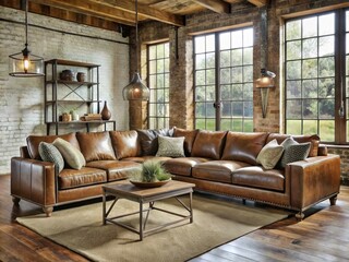 rustic leather sectional sofa with neutral tones farmhouse-inspired living room furniture modern farmhouse sofa design