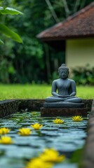 A peaceful garden with blooming flowers during Vesak, Buddha's Birthday in Sri Lanka.