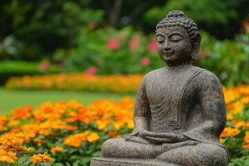 Fototapeta premium A peaceful garden with blooming flowers during Vesak, Buddha's Birthday in Sri Lanka.