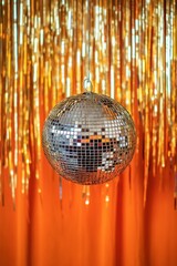 Silver disco ball hanging with lighting reflections on yellow background