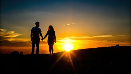Fototapeta premium Silhouetted Couple Holding Hands at Sunset