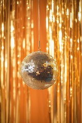 Silver disco ball hanging with lighting reflections on yellow background