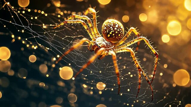 A Bokeh background featuring a golden spider in a web