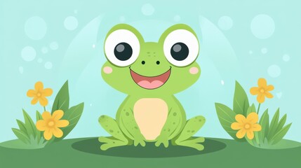 Obraz premium A cheerful fantasy frog with big round eyes, ready to eat or sing, in a vibrant animated cartoon style.
