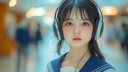 Beautiful Japanese high school girl in a sailor uniform listening to music with headphones, at the mall