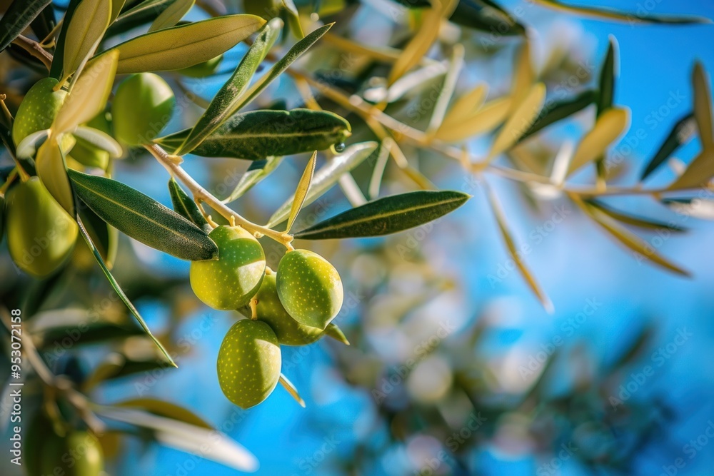 Wall mural a close up of green olives hanging from an olive tree branch, with leaves and blue sky in the backgr