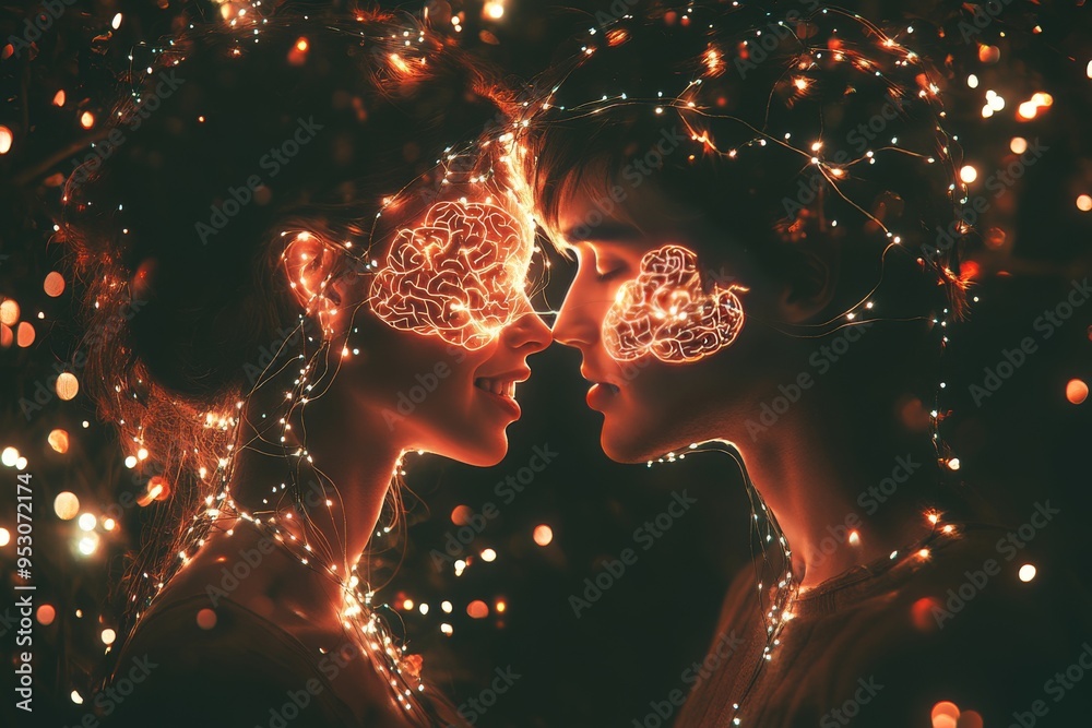 Sticker neural kiss a romantic couples connection expressed through a fiery brain visualization symbolizing 