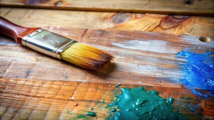 Fototapeta premium Paintbrush on Wooden Palette with Blue and Green Paint