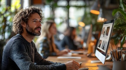 Creative team in a vibrant office space, discussing new ideas and strategies while using digital tools and collaborative software.