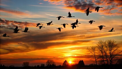A Flock of Birds Silhouetted Against a Vibrant Sunset
