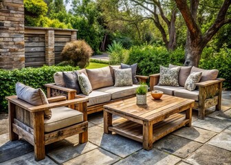 Obraz premium Rustic wood outdoor furniture set with distressed finish and cozy seating