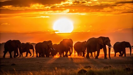 Fototapeta premium Elephant Herd Silhouetted Against a Setting Sun in the African Savanna