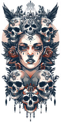 Tribal Womans Head Surrounded by Skulls tattoo flash styles illustration