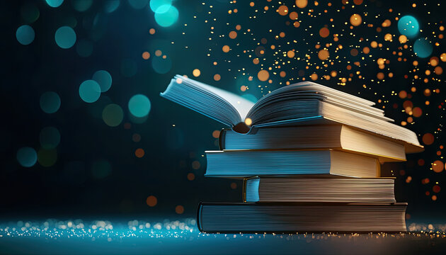 A captivating stack of books with magical sparkles, creating an enchanting atmosphere of knowledge and inspiration.