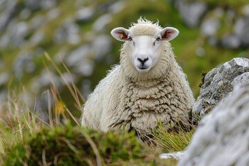 Fototapeta premium A sheep grazing on a slope in a rural landscape.
