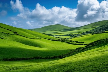 Fototapeta premium Lush green hills under a bright sky during St. Patrick's Day in Ireland. 