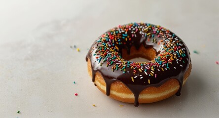 A delicious donut with a chocolate glaze and colorful sprinkles on a White background