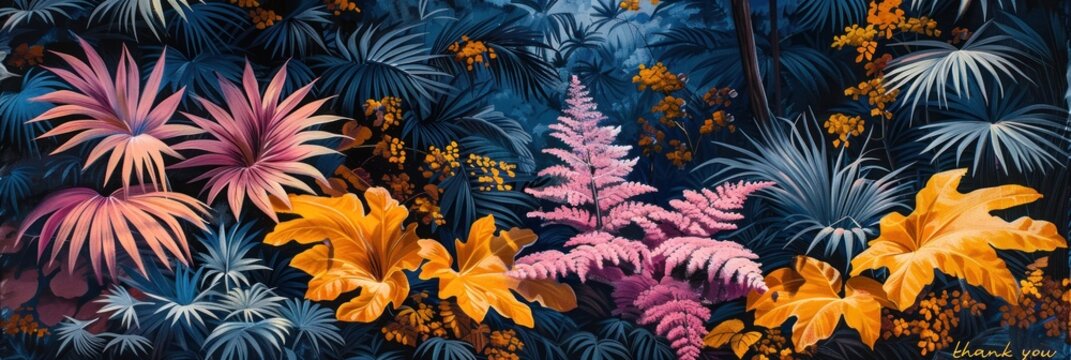 Vibrant rainforest foliage showcasing vivid hues and intricate patterns among tropical plants during twilight. Generative AI