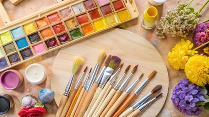Naklejka premium Watercolor Paints, Brushes, and Flowers on a Wooden Surface