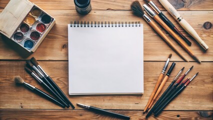 Watercolor Supplies on a Wooden Table with Blank Paper
