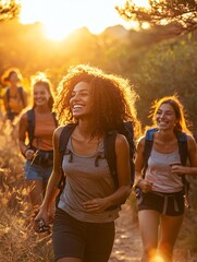 Fototapeta premium A lively group of friends shares laughter and joy as they hike a scenic trail, bathed in the warm glow of a setting sun.