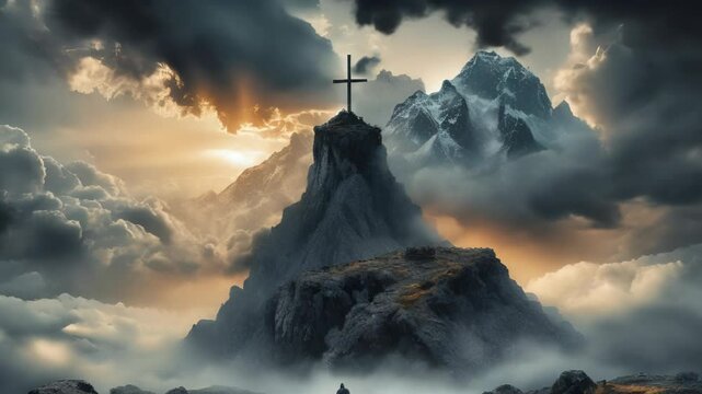 : Cross on Mountain Top at Sunset with Dramatic Sky and Clouds