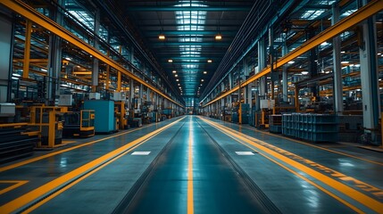 A wide shot of a factory floor with fully automated machinery streamlining production, smooth and efficient workflow, industrial lighting, shot with a Fujifilm GFX 100S, 35mm lens, clear and dynamic 