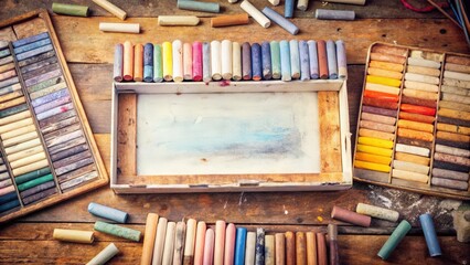 Fototapeta premium An Open Box of Pastel Crayons on a Wooden Table