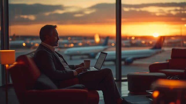 A wide shot of a businessman sitting in a quiet airport lounge, working on his laptop with a cup of coffee beside him, large windows revealing planes on the tarmac, bright and natural colors